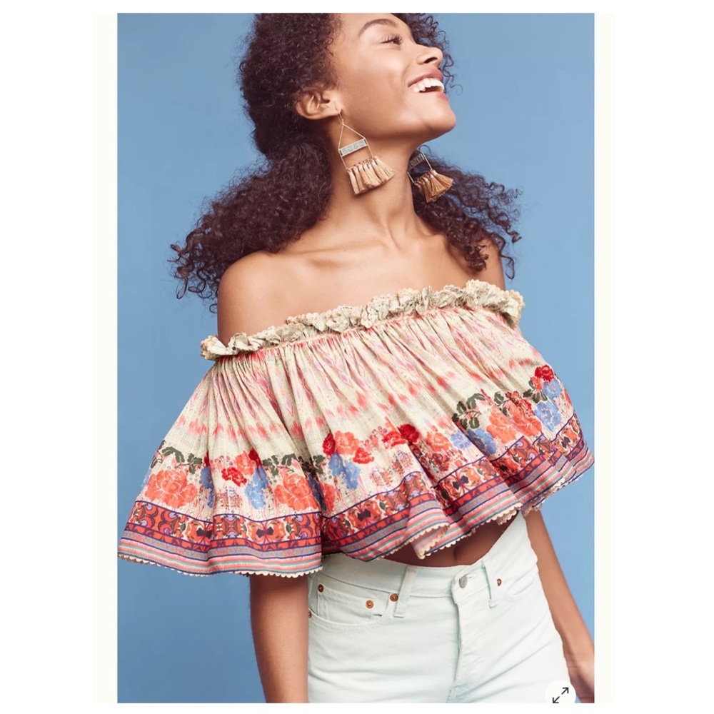 ANTHROPOLOGIE Villa MIDI Sequin Crop On/Off Shoulder Boho Hippie Chic Top XS